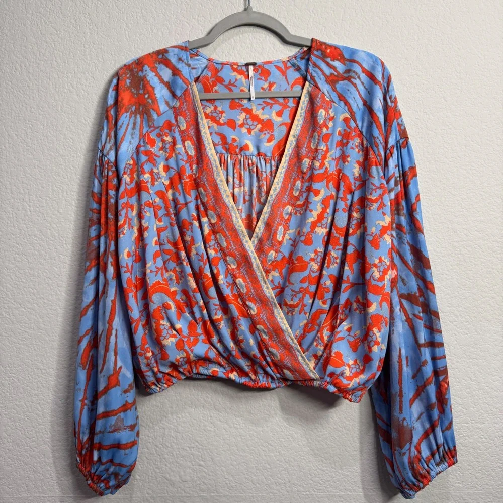 Free People Long Sleeve Printed Top V-Neck Blue Orange Small Boho Lightweight